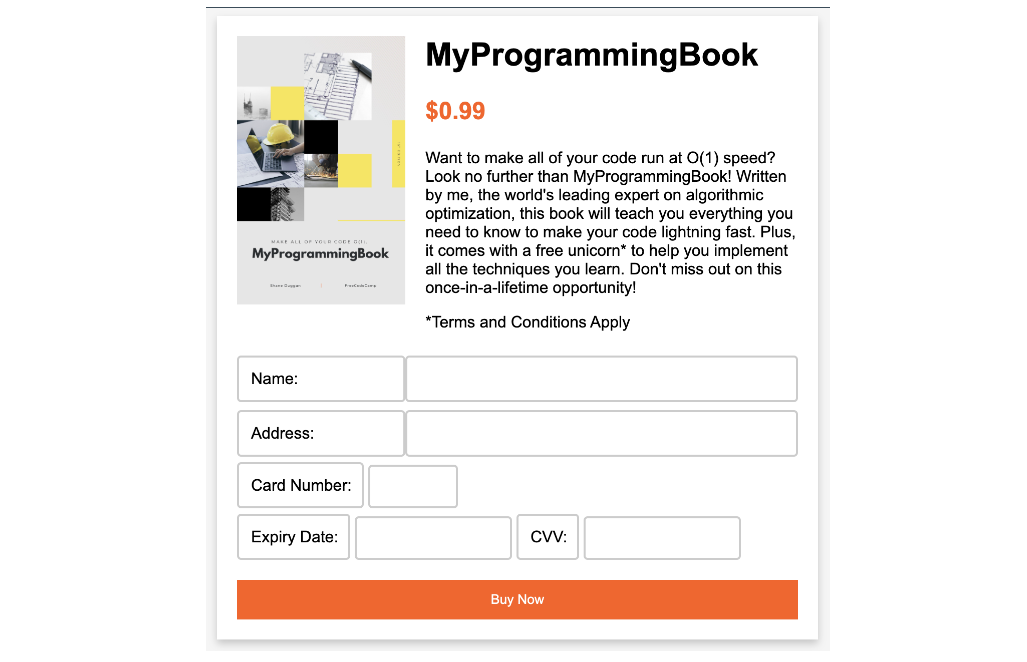 Product page with forms for input
