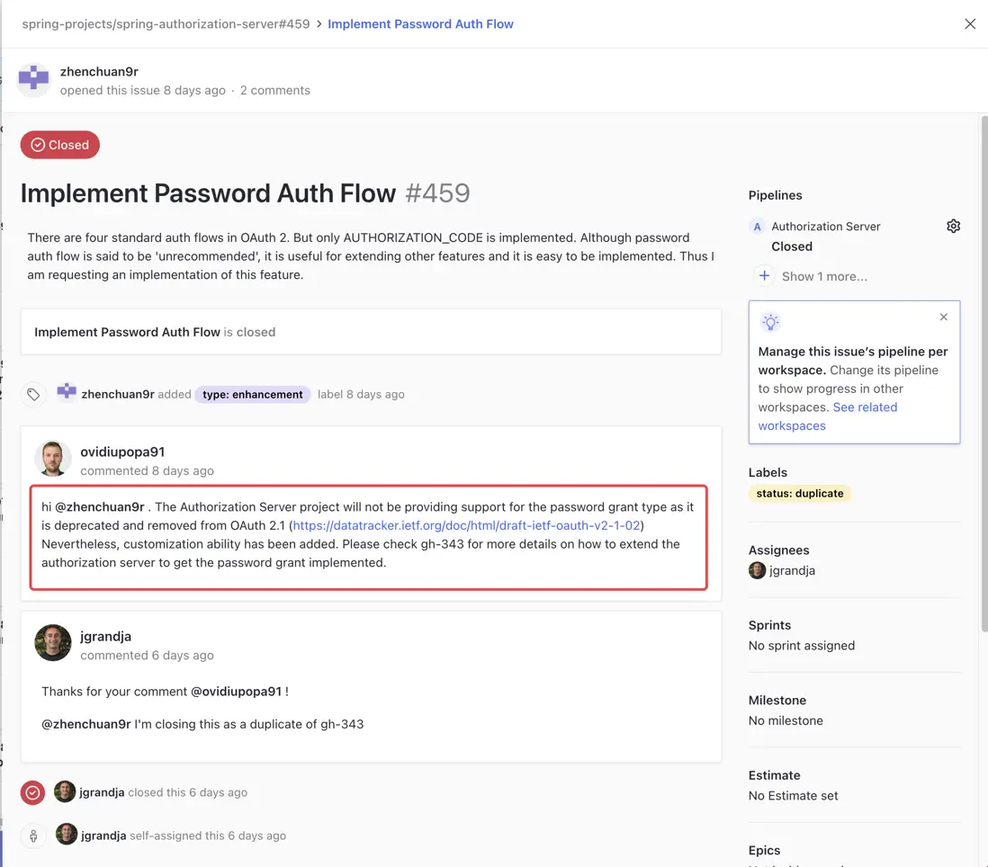 Spring Authorization Server 不支持 password 模式的官方答覆截圖
