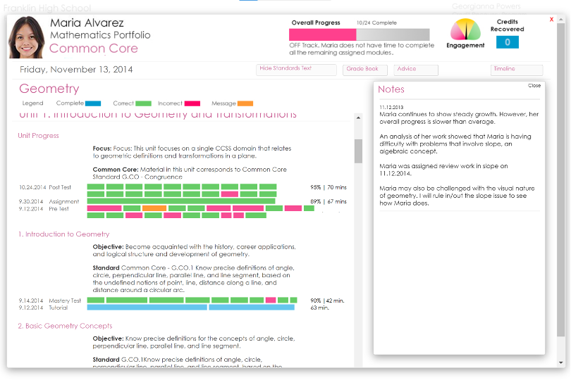 A screenshot of the third level showing a large card with details of one student