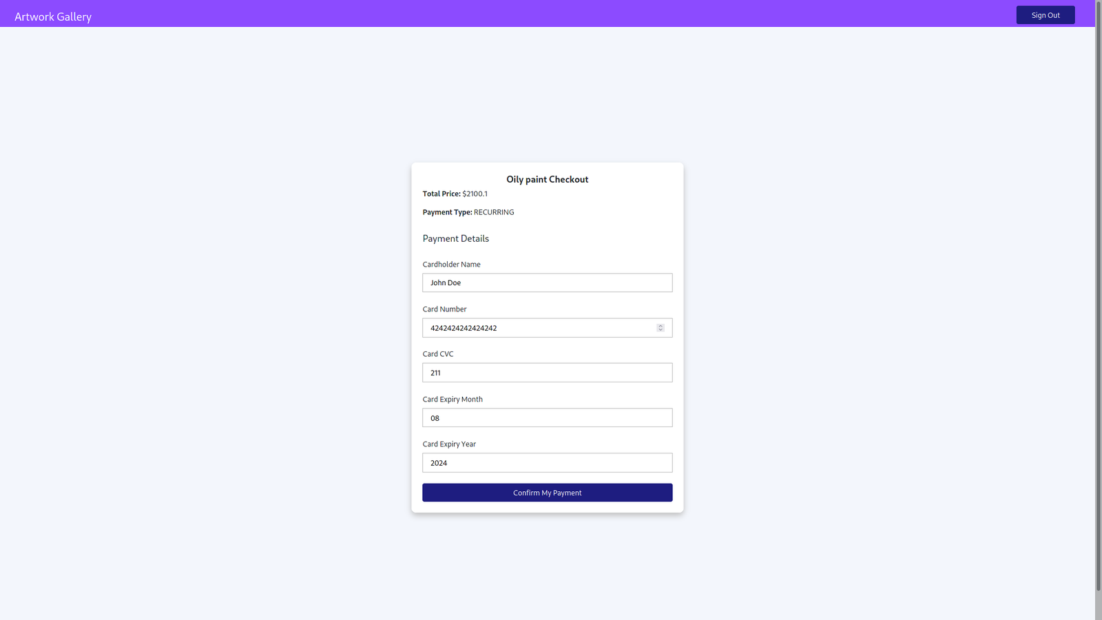 Checkout page in the gallery application displaying fields for inputting a credit card to purchase the selected product.