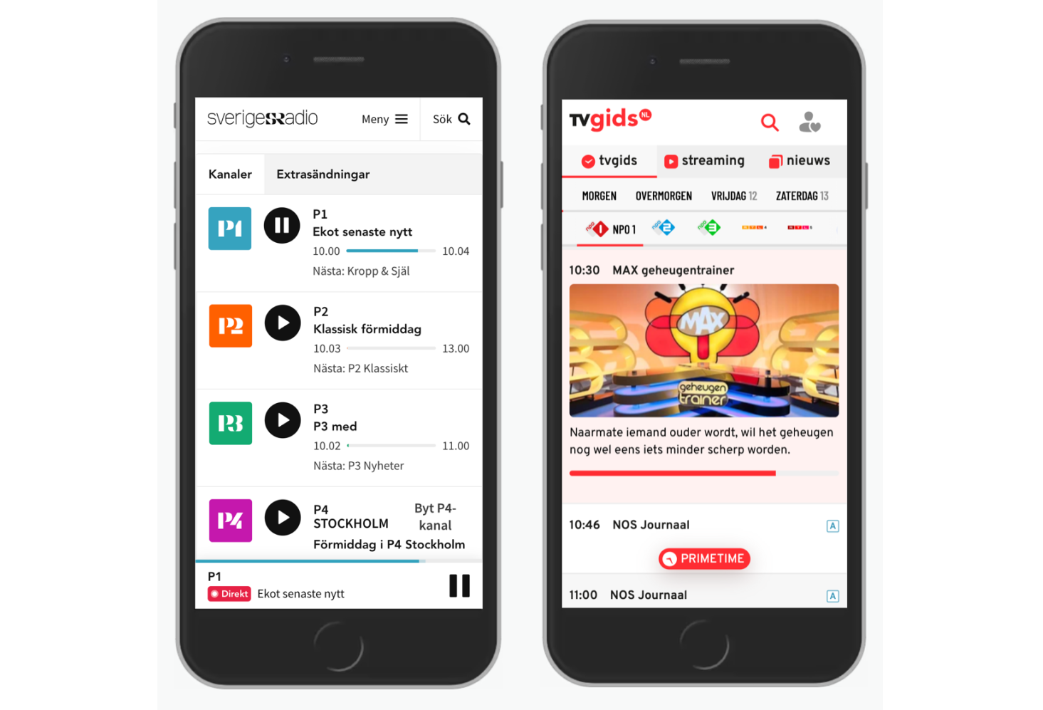 Two examples of sticky menus with Sverigesradio on the left and  TV Gids on the right