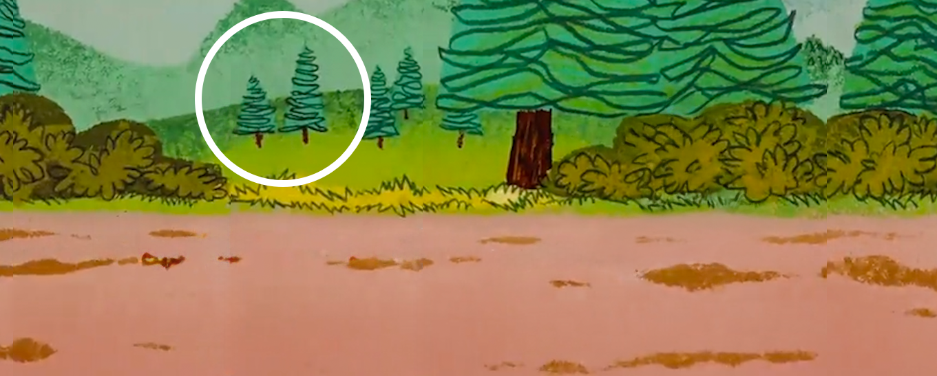 A background painting with highlighted trees from the Yogi Bear show