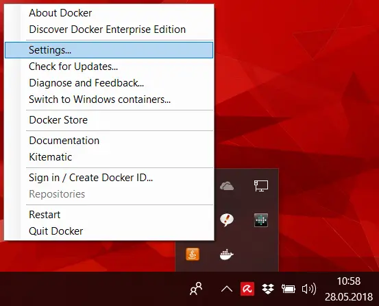系統任務欄中的Docker設置