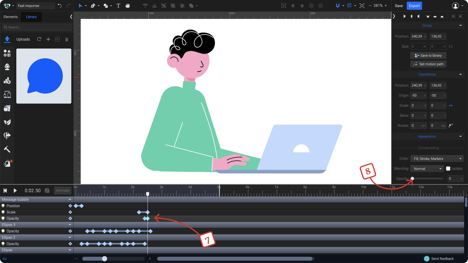 A screenshot showing steps how to animate the message bubble