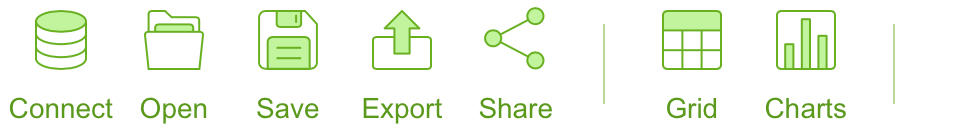 An example of a colorful green toolbar design with green-shaded headers that makes the buttons pop and look bright. The icon and its label are perceived as one element, which makes it easier to understand the UI