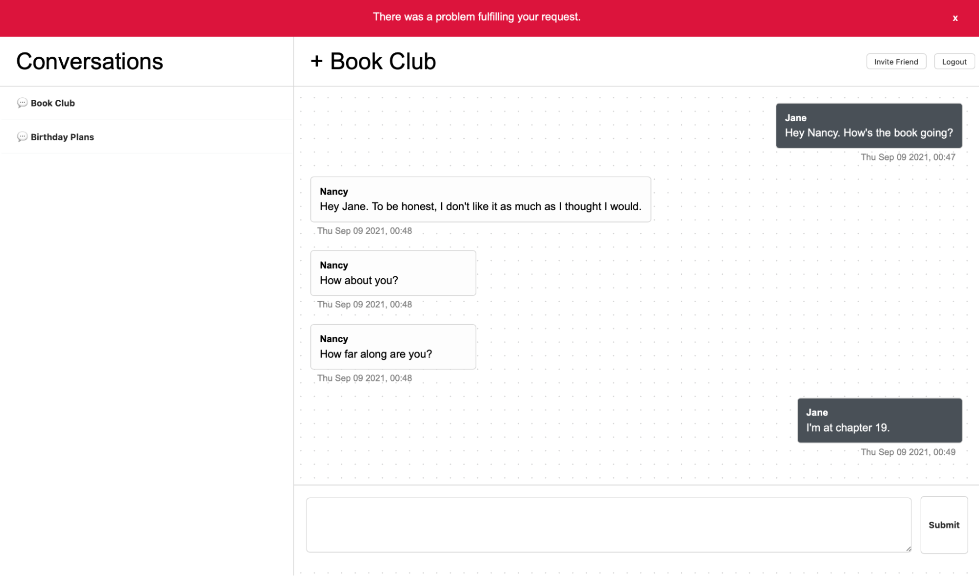 A screenshot with the error message banner on top