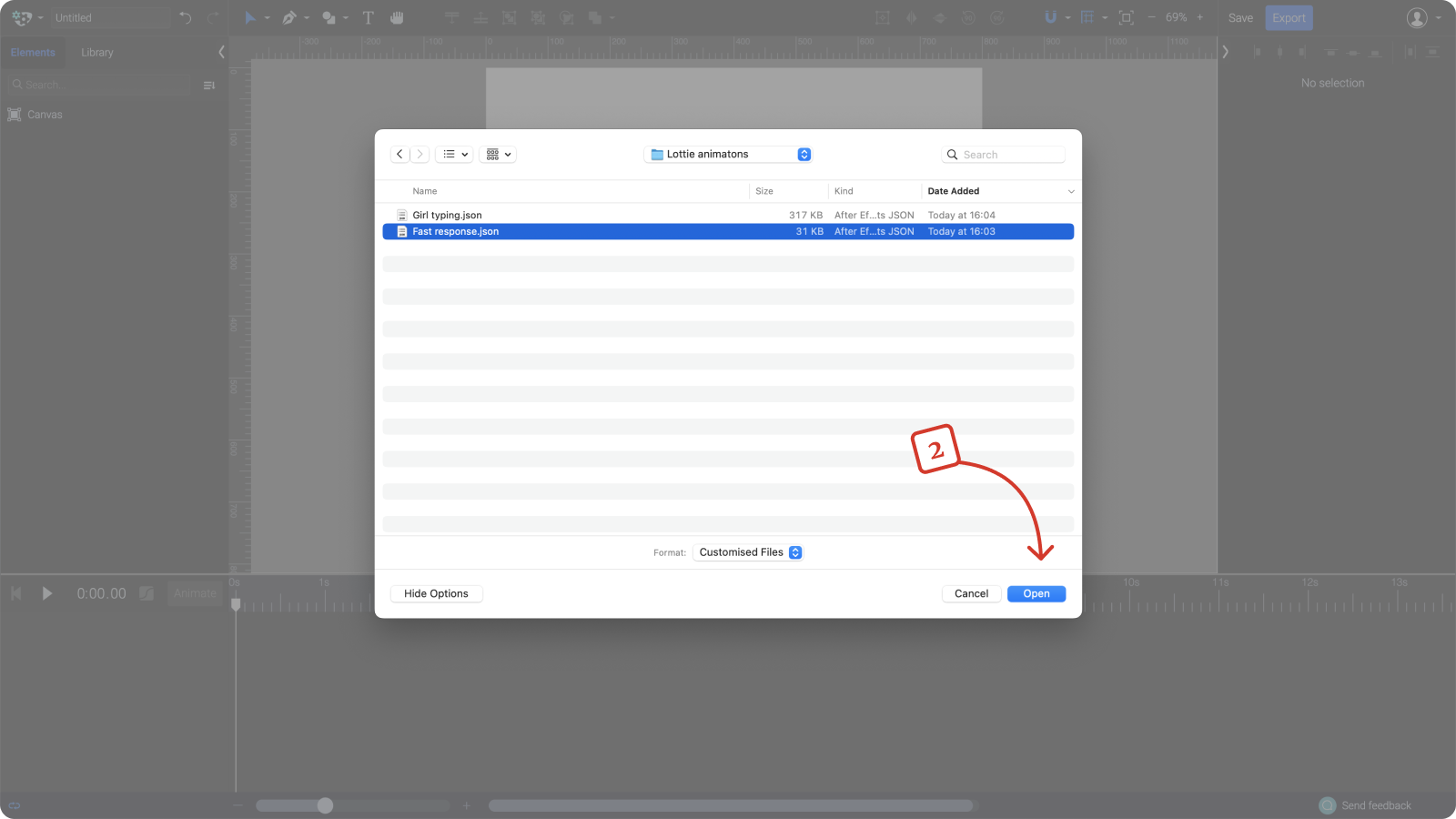 A screenshot with the selected Fast response.json file and Open button