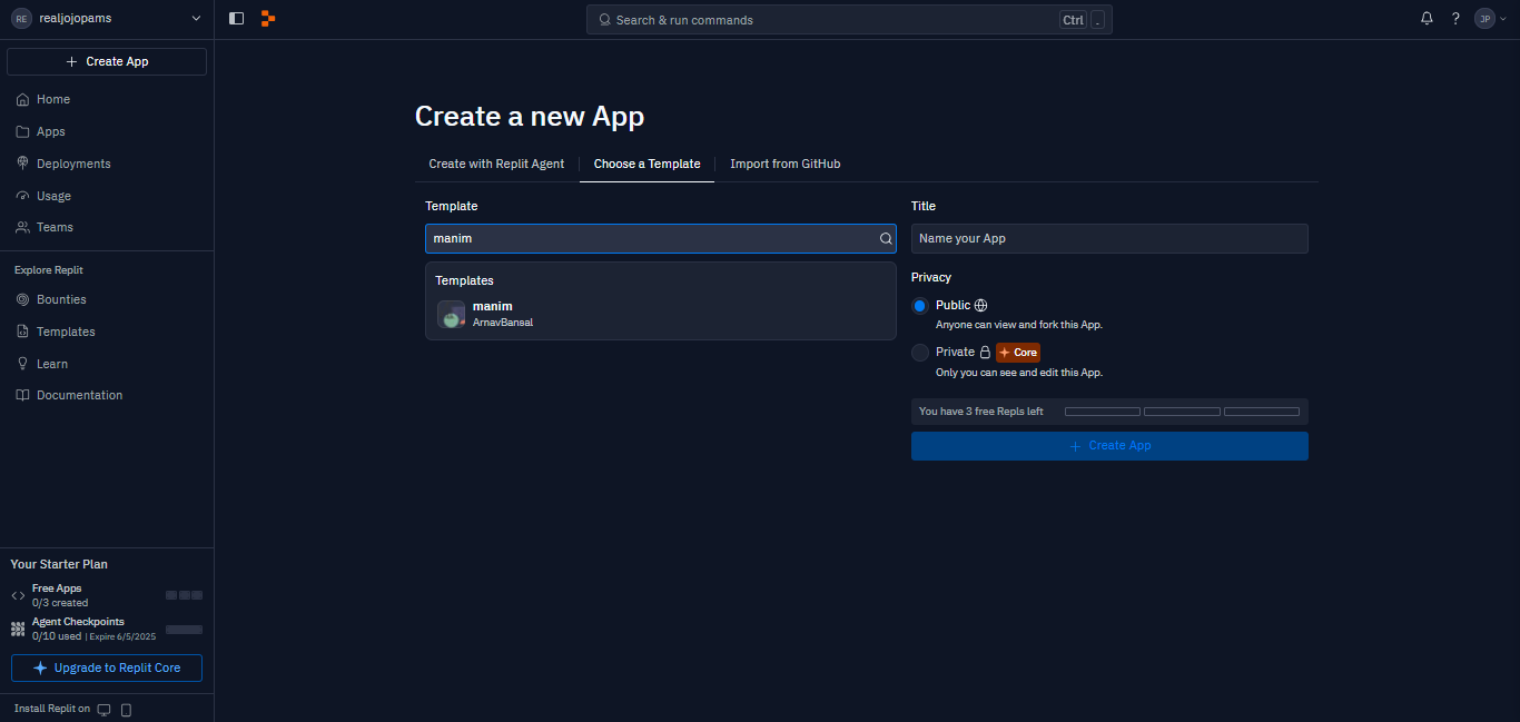 A screenshot showing how to choose a template Manim on Replit