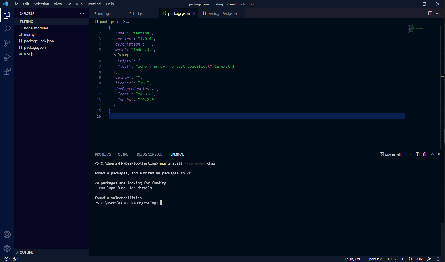 Package.json file with mocha and chai which appear as dependencies