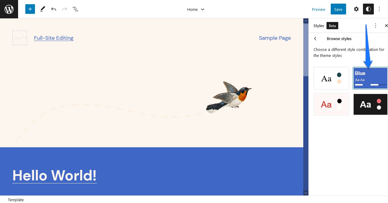 A screenshot of WordPress Full-Site Editing color themes preview