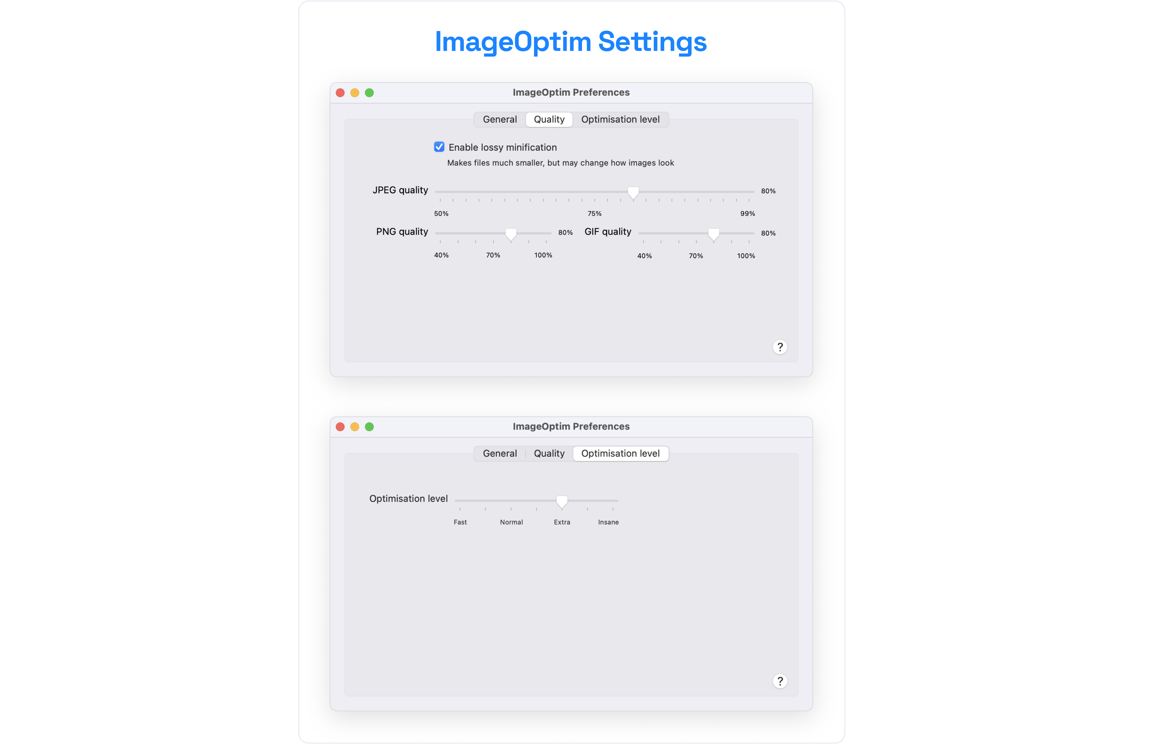 A screenshot showing the ImageOptim settings used