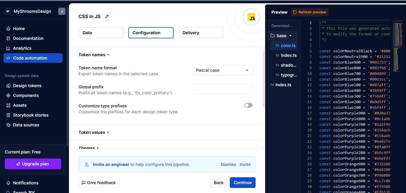 Supernova Code Automation screen showing configuration of tokens