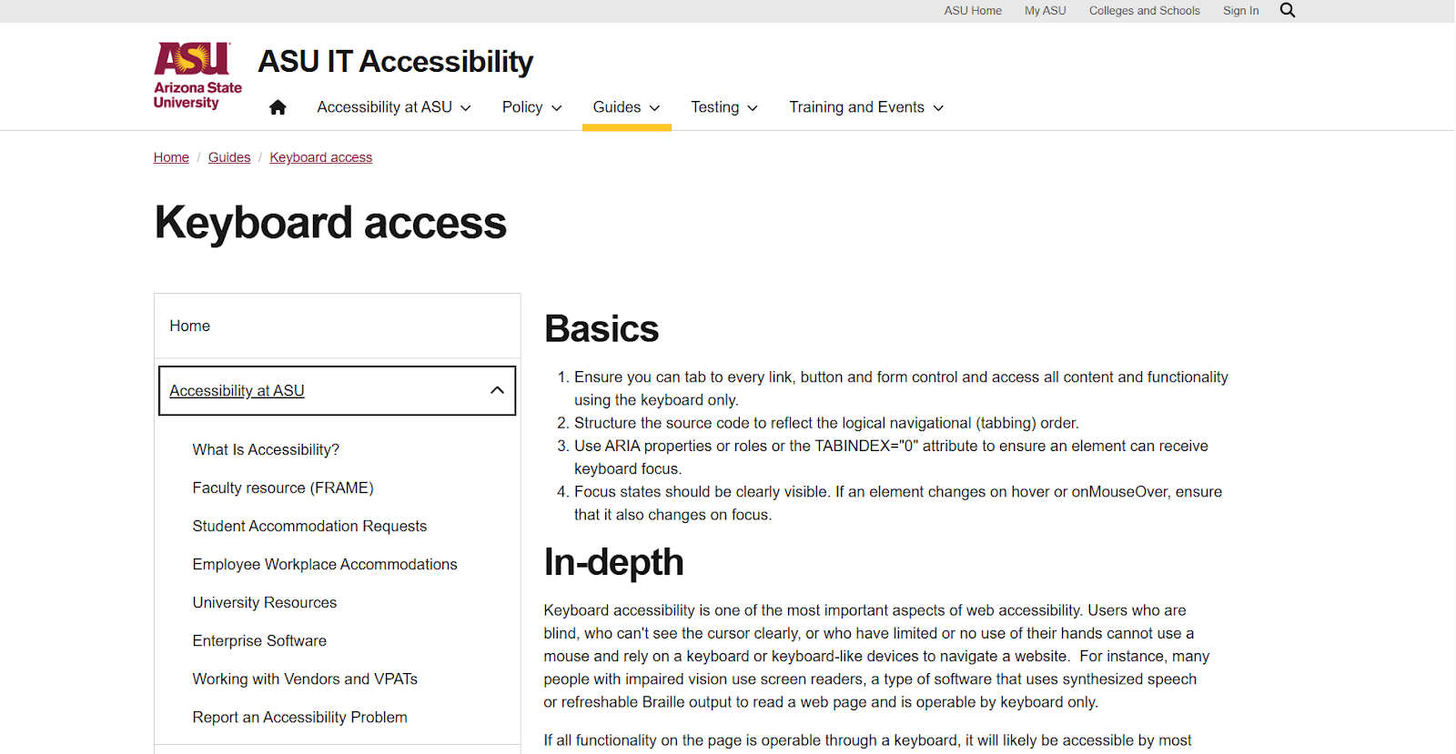 Arizona State University page on keyboard accessibility