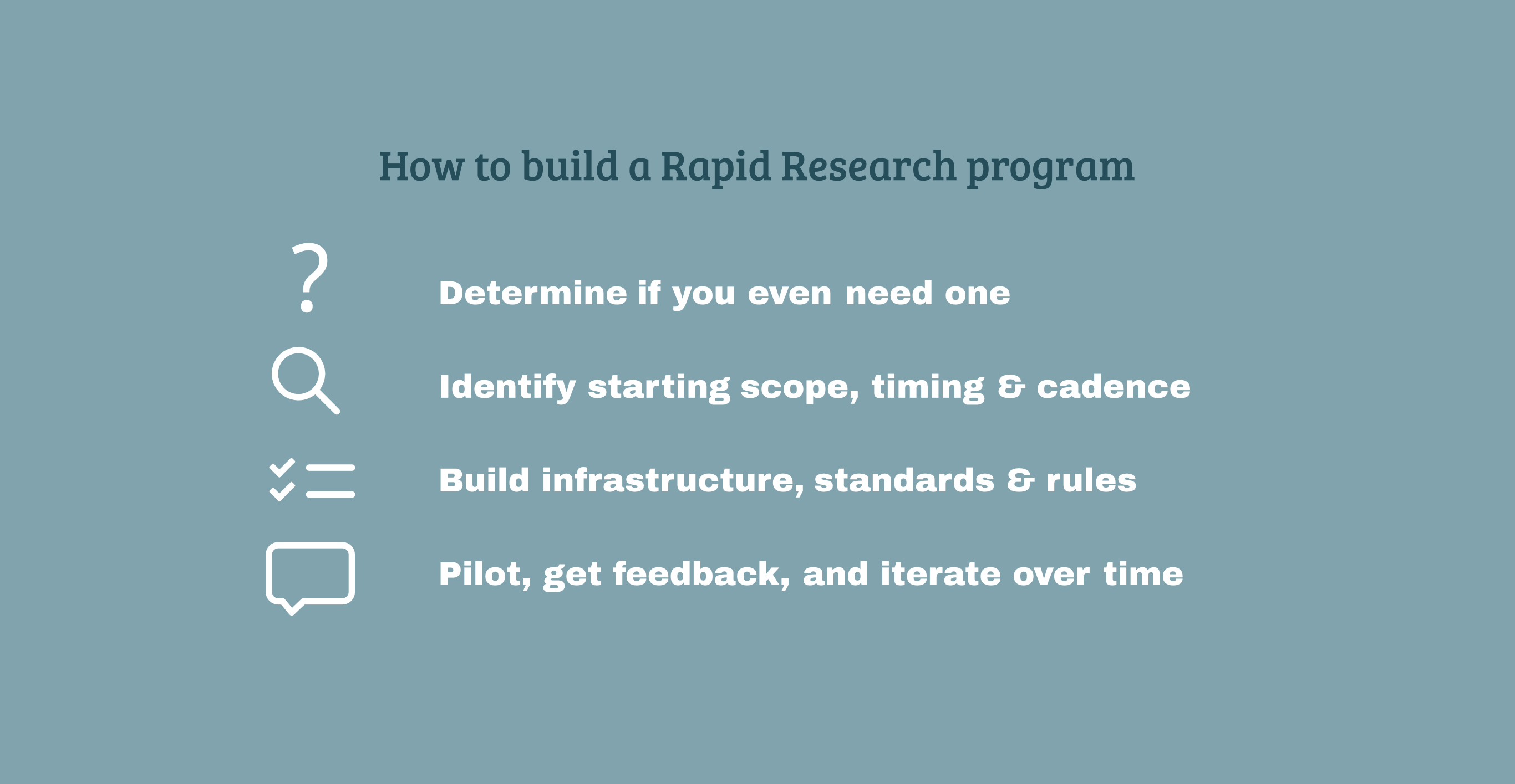 Build your rapid research program in four steps: determine if you even need one in the first place; identify your starting scope, timing and cadence; build infrastructure, standards and rules; pilot, get feedback, and iterate over time