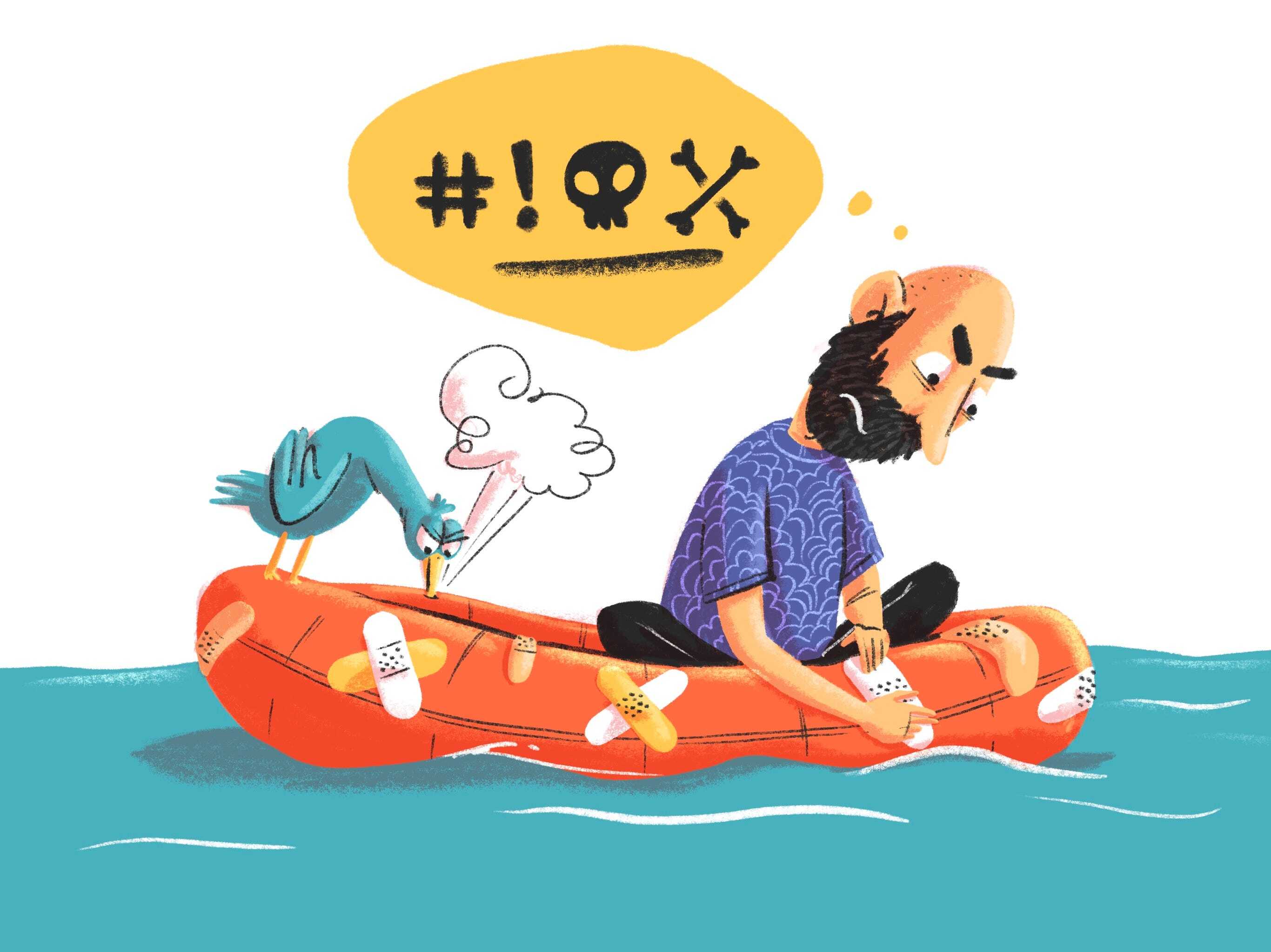 A man with a bald head and beard is sitting in an inflatable life raft while stranded in the middle of the sea trying to patch the holes caused by a seagull with a thought bubble containing random characters to show that the man is cursing and not really having a good time