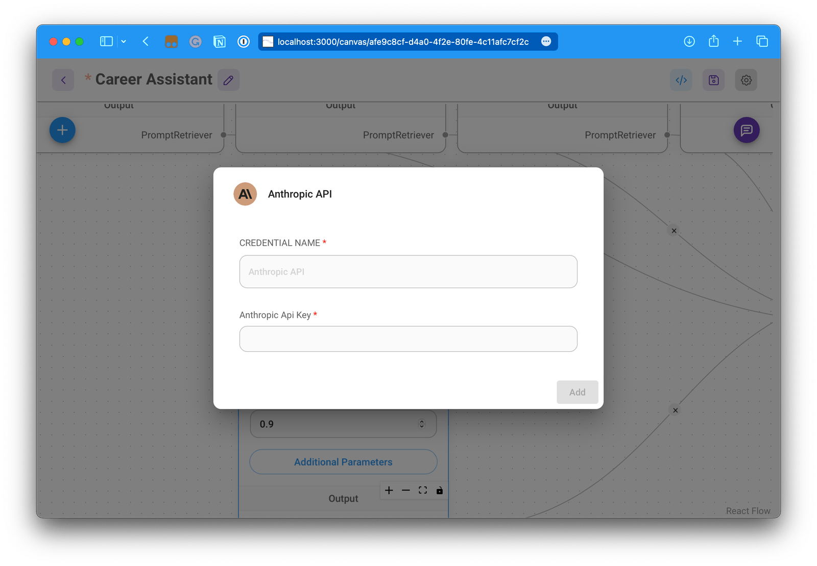 Anthropic API field with the credential name and API key