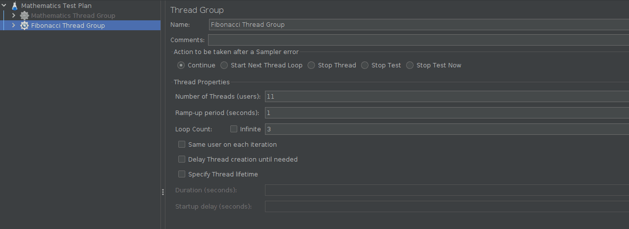 Screenshot of a JMeter setup with 11 user threads, 1 second ramp-up period and 3 loops