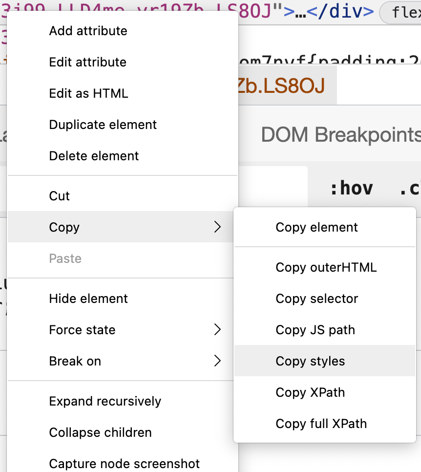 Preview of the menu described for selecting Copy styles