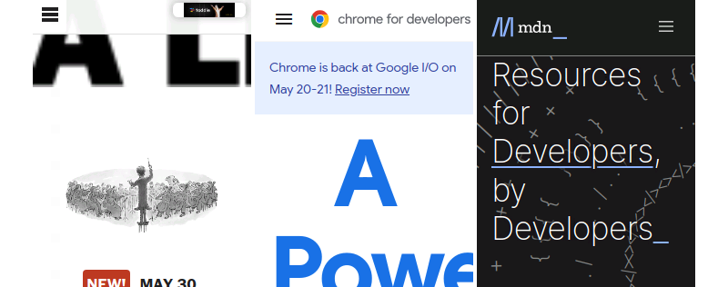 Screenshots of A List Apart, Chrome for Developers, and MDN Web Docs on Cloud Phone