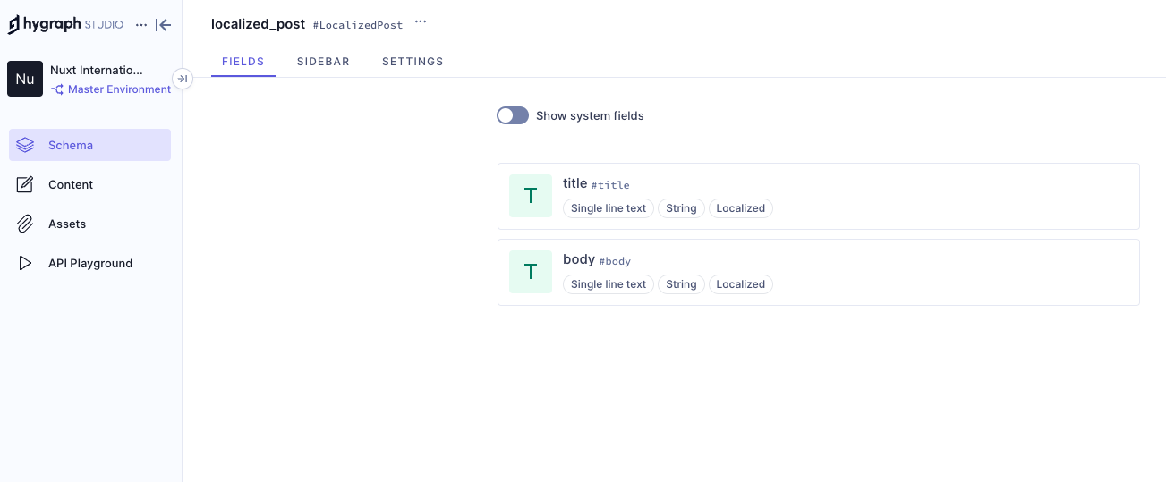 Showing Schema, which has title and body fields, on the Htygraph website
