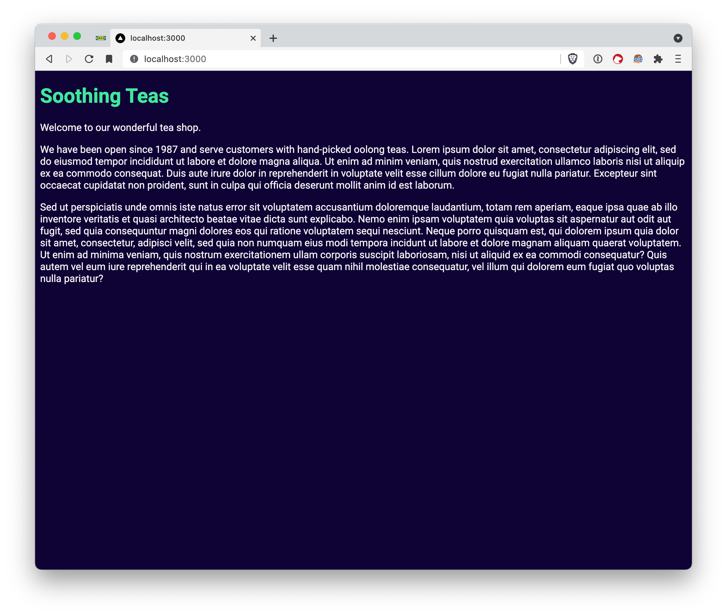 Picture of the work-in-progress website. The page background is now a dark blue color, and the headline 'Soothing Teas' is green. The website has no layout/spacing and so extends to the width of the browser window completely.
