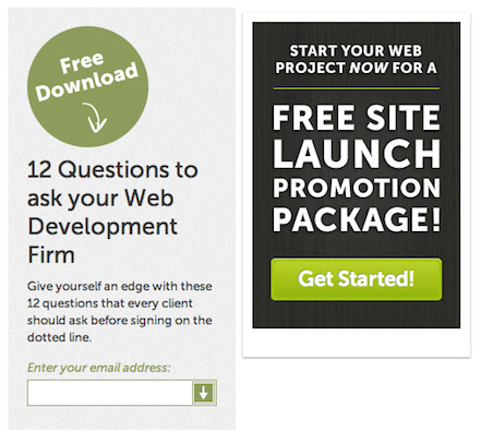 Screen grab of strong calls to action on a web page.