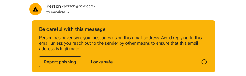 Gmail yellow banner highlights spoofed addresses