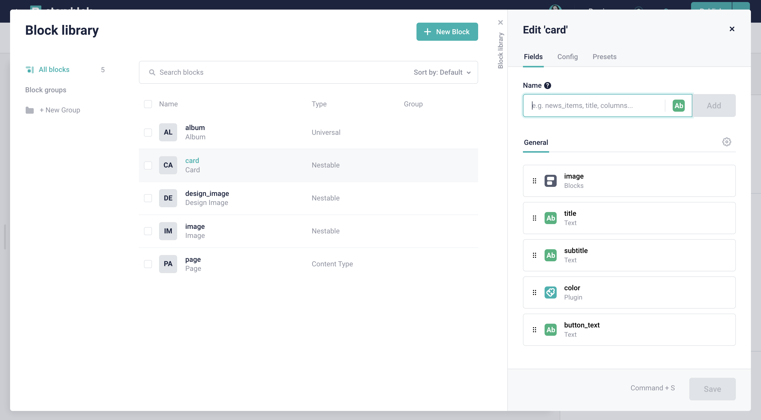 Screenshot of the card nestable component schema.