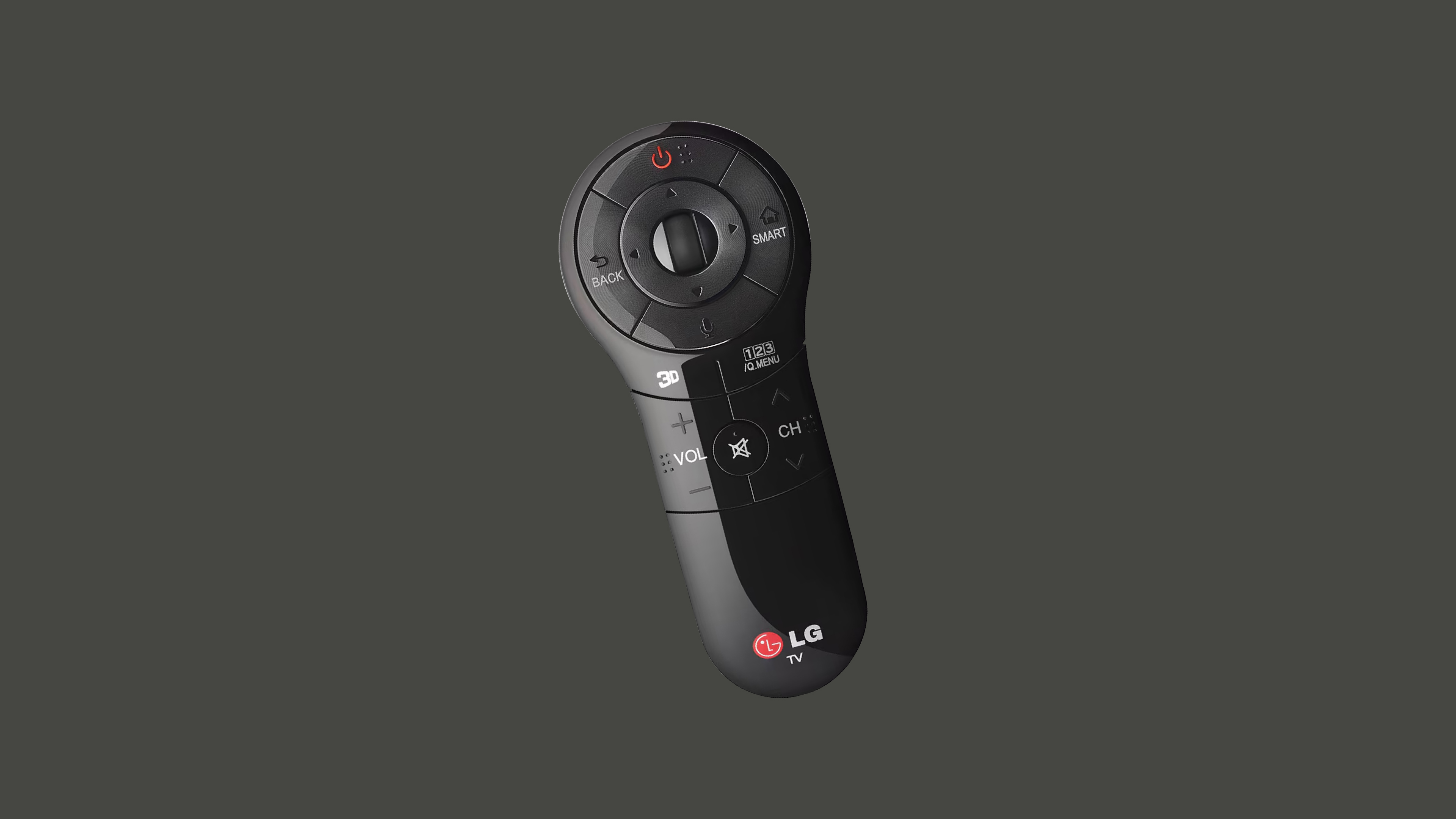 A black LG Magic Remote with a circular D-pad at the top, surrounded by navigation and function buttons. Unlike traditional rectangular remotes, this one has a sleek, tapered oval design that widens at the top and narrows towards the bottom, making it comfortable to hold. This remote supports motion controls, allowing users to point, gesture, and interact with the TV using an on-screen cursor.