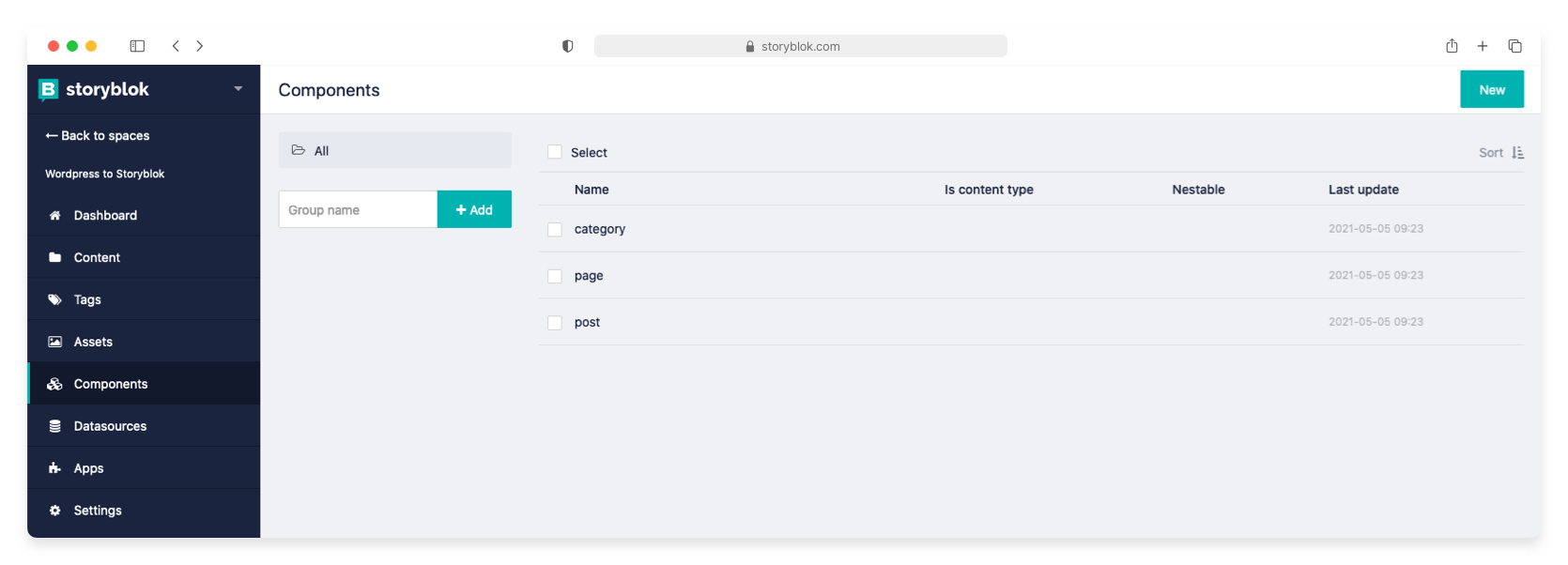 Components section in the Storyblok space