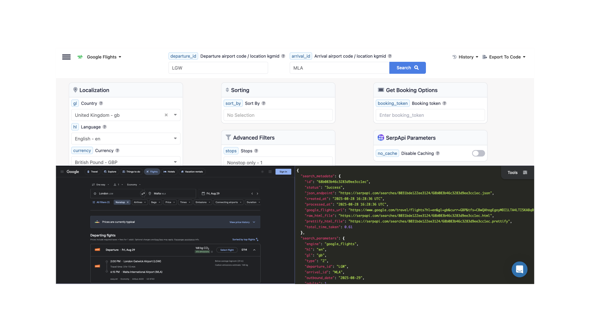 Playground search for flights from LGW to MLA airport using SerpApi’s Google Flights API.
