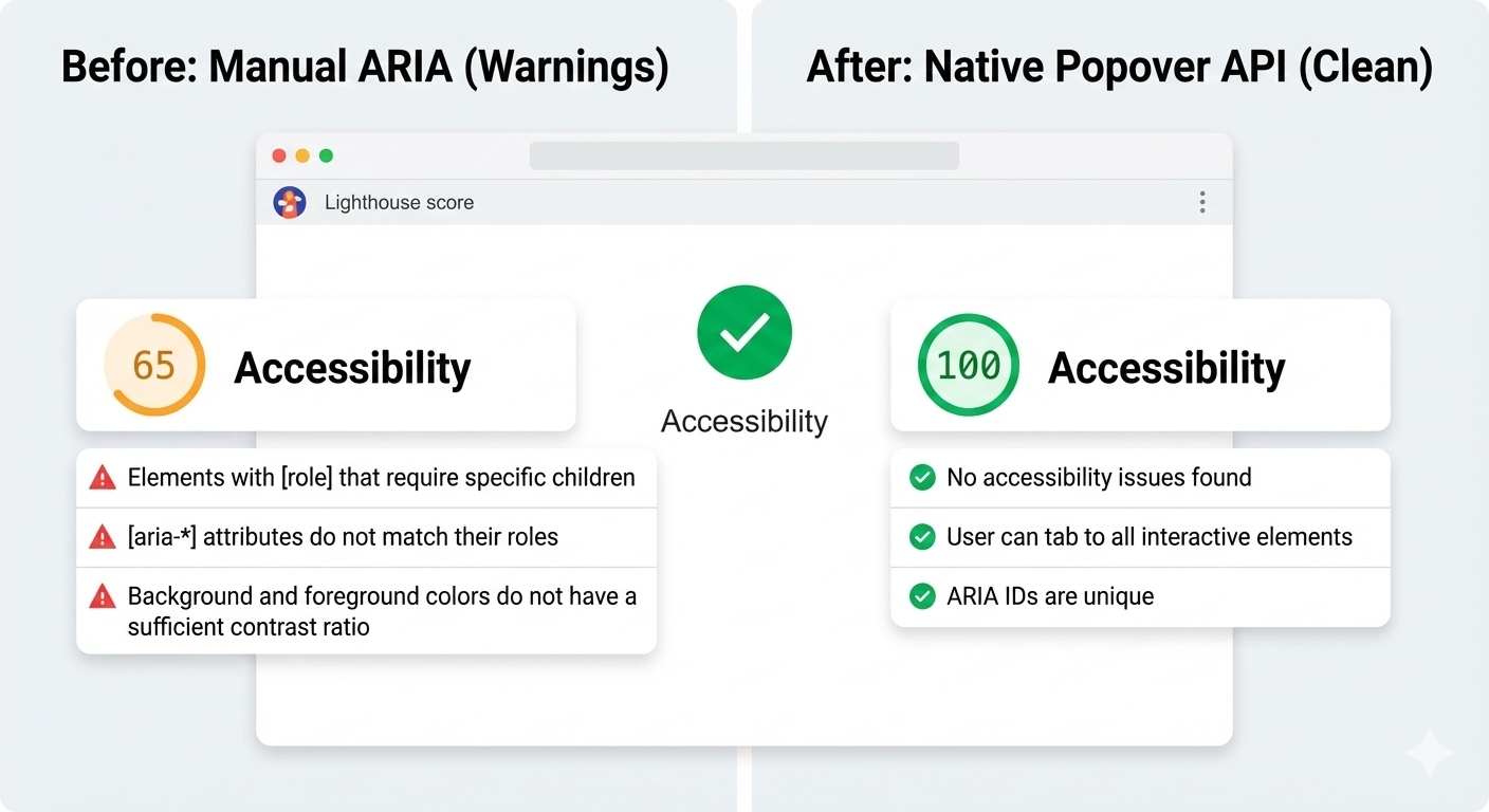 ARIA state warnings before migration, and 100% audit score after switching to the Popover API.
