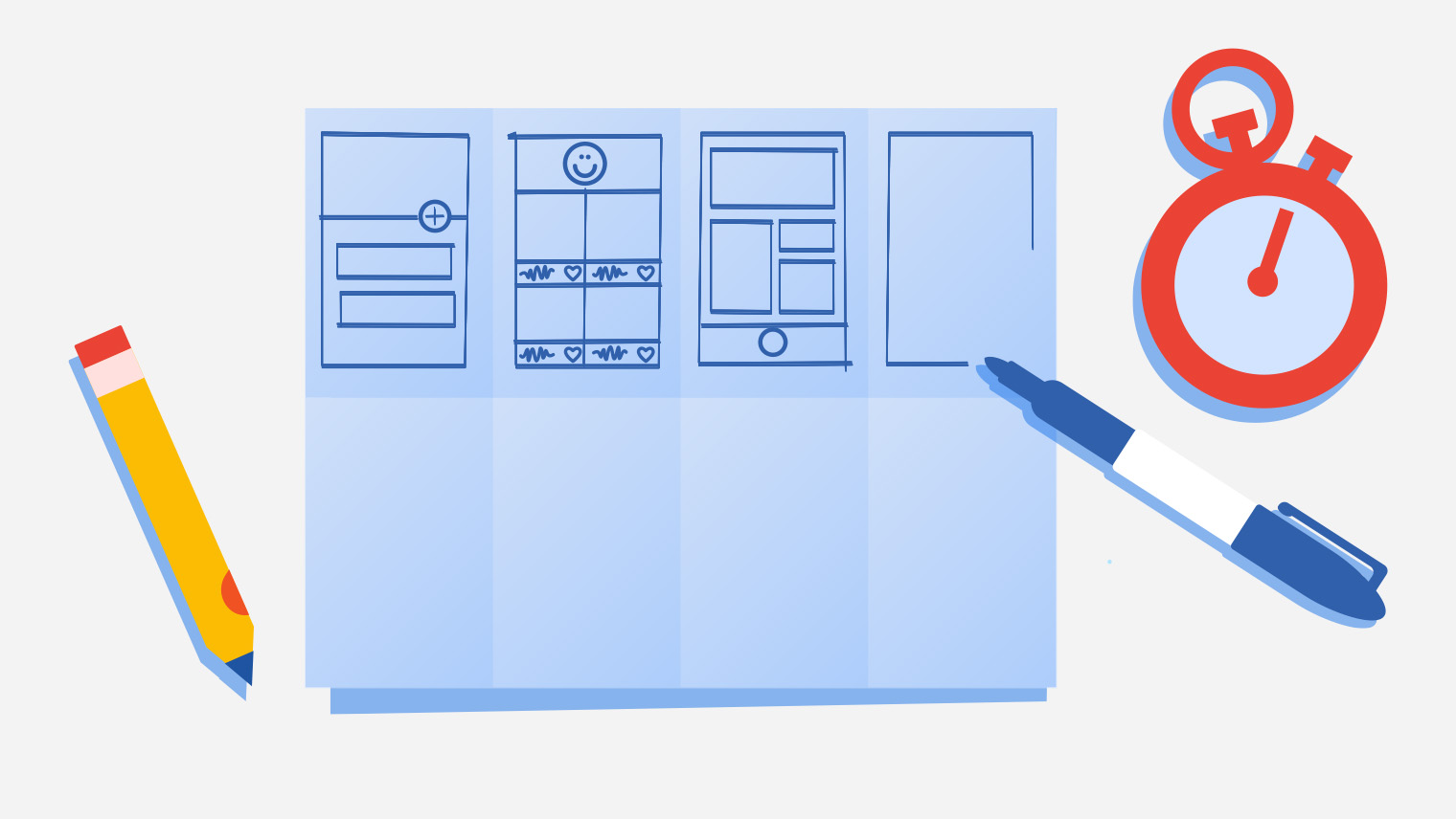 A screenshot from the Design Sprint Kit website that illustrates a sketching exercise that challenges people to sketch eight ideas in eight minutes. Three completely different sketches of a wireframe are done on a gridded page of eight rectangles.