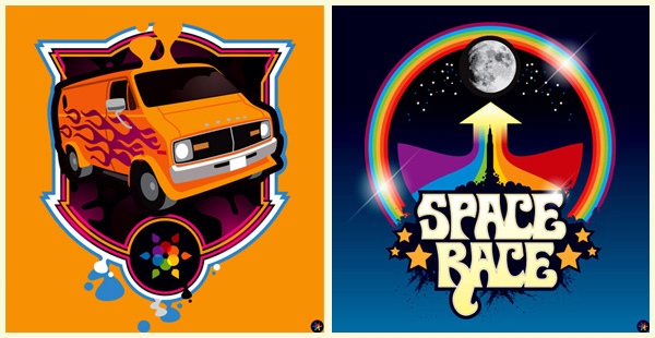 the image is divided into two parts, v-like shape made of stretched light of different shades from white to red spectrum and a composition of different color triangles and zigzags