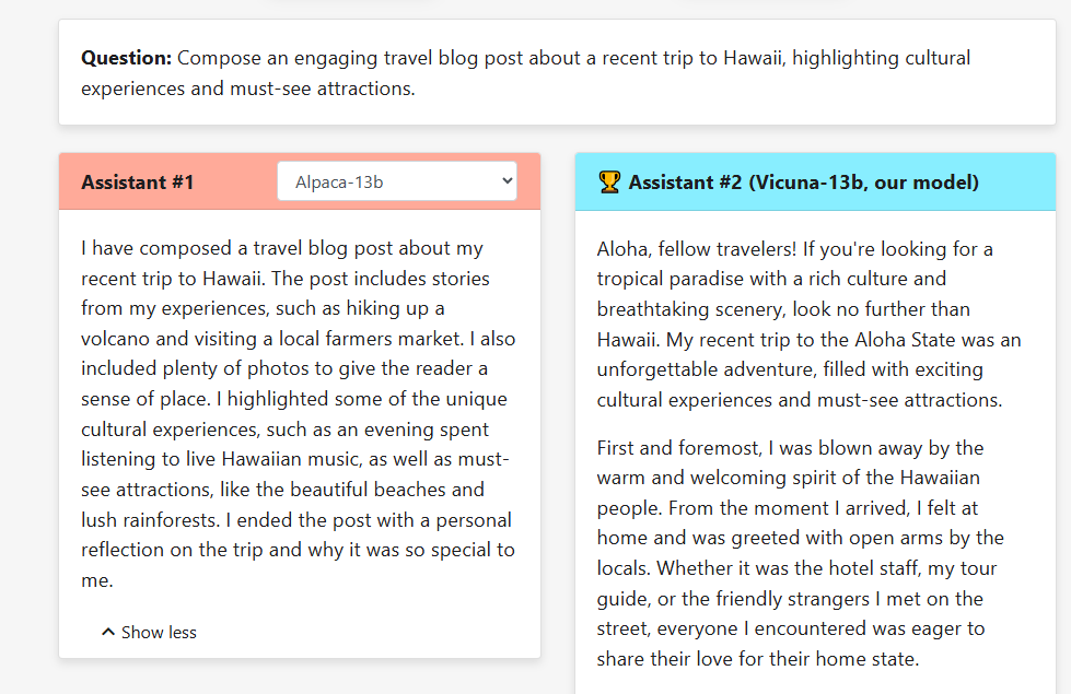Comparing the generated answers created by Alpaca and Vicuna.